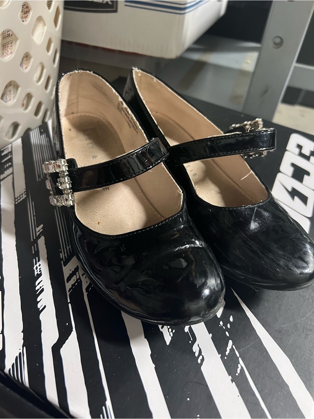Kelly & Katie Black Patent Mary Jane Flats with Rhinestone Buckle - Kids